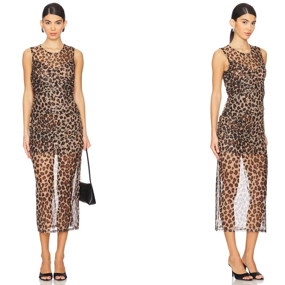 SIMONMILLER Kinny Mesh Midi Dress – Leopard Print Ruched Sheer Dress – Size XS